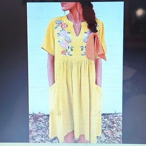 Yellow Floral Embroidered Split Neck Babydoll Ssing Dress